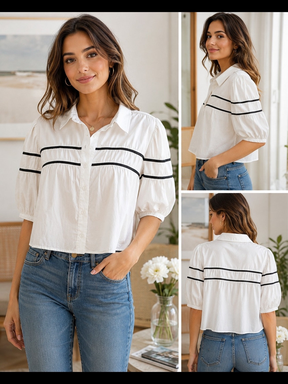 Vigoss White Black Trim Puff Sleeve Button-Down Blouse NWT Size L